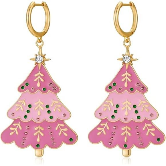 ✨ Pink Christmas Tree Earrings | Festive Holiday Dangle Jewelry | Gold Star - Picture 5 of 5